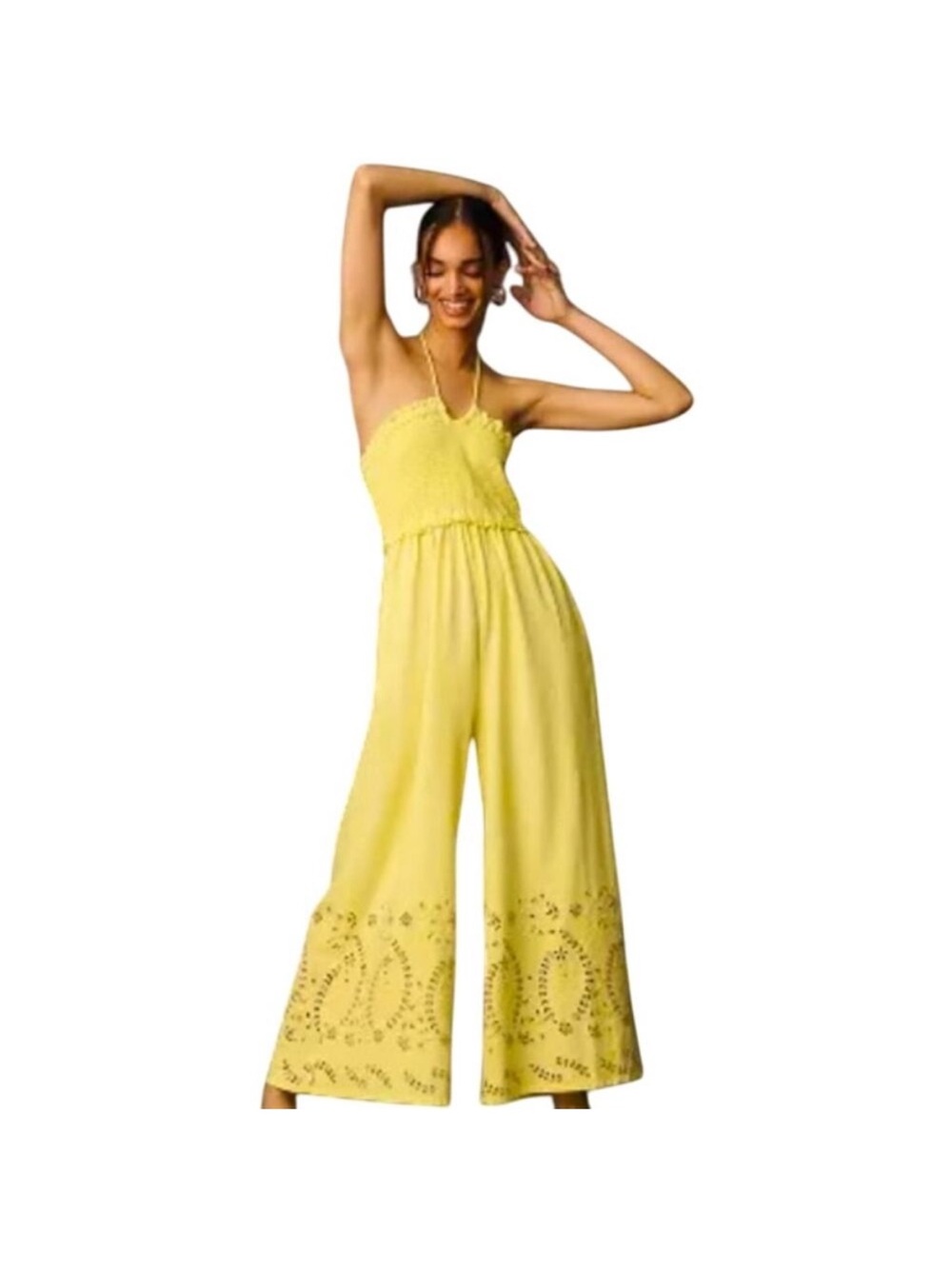 ANTHROPOLOGIE Bright Yellow Linen Strapless Embroidered Wide Leg Jumpsuit Size L